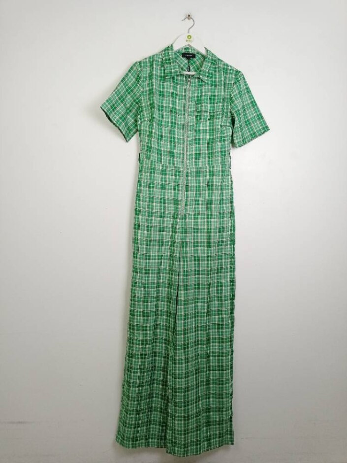 Lola May Collared Zip-up Jumpsuit Check Green Size: 10