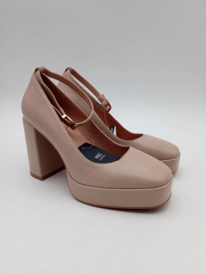 M&s Leather Size 6 Sand Block Heels With Ankle Strap New Rrp £55
