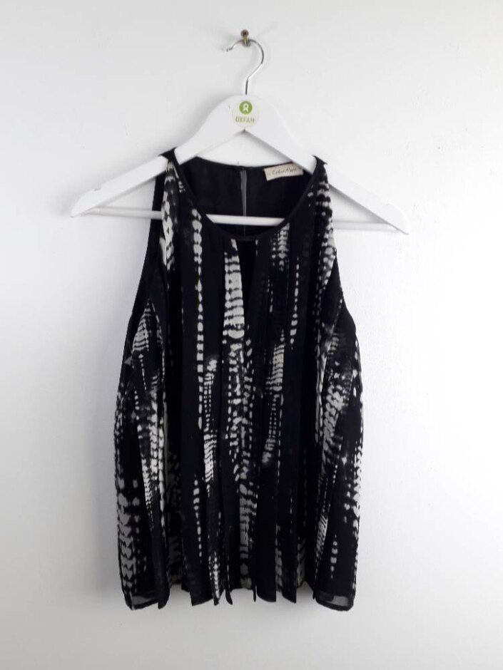 Calvin Klein Women's Abstract Print Pleated Sleeveless Top Black Mix Size: 10