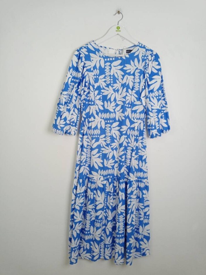M&s Marks & Spencer Cotton Printed Tiered Dress Blue White Size: 8