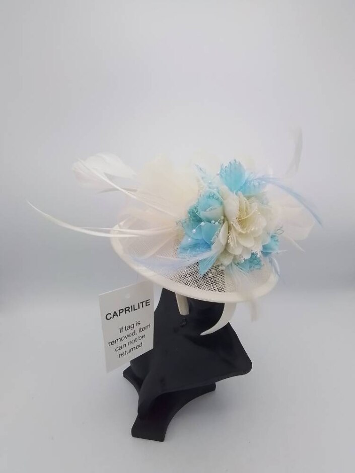 Caprilite White And Light Aqua Sinamay Disc Saucer Fascinator Hat For Women Weddings Headband 21cm