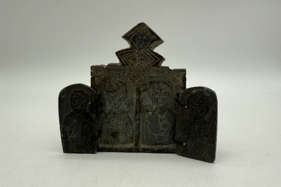 Ethiopian 5 Panel Travel Stone Altar Orthodox Coptic Hand Carved Early 20th C. Stone Icon