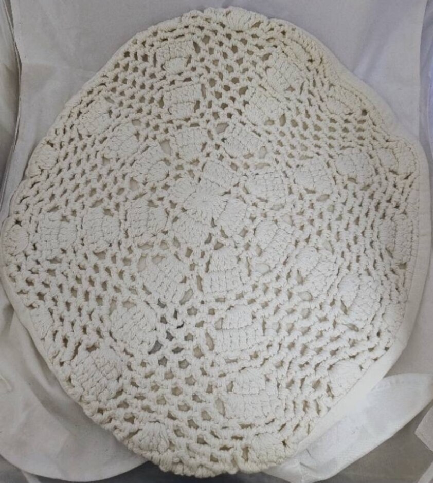 Hera Brand  - White, Round, Crocheted Cotton Cushion Cover. Made In India. Zip Up. Machine Washable.