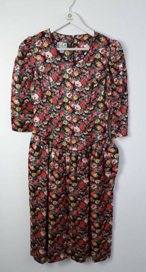 Eileen Scott Vintage Floral Satin Dress Black & Red Size: S