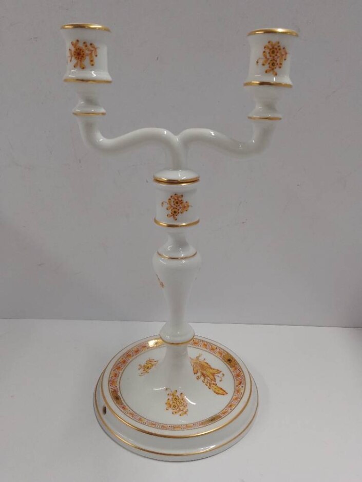 Herend Porcelain Twin Candle Holder Candelabra Orange Chinese Bouquet