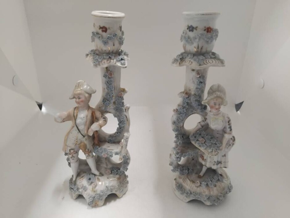 Pair Of Antique German Dresden Elfinware Porcelain Figural Candlestick