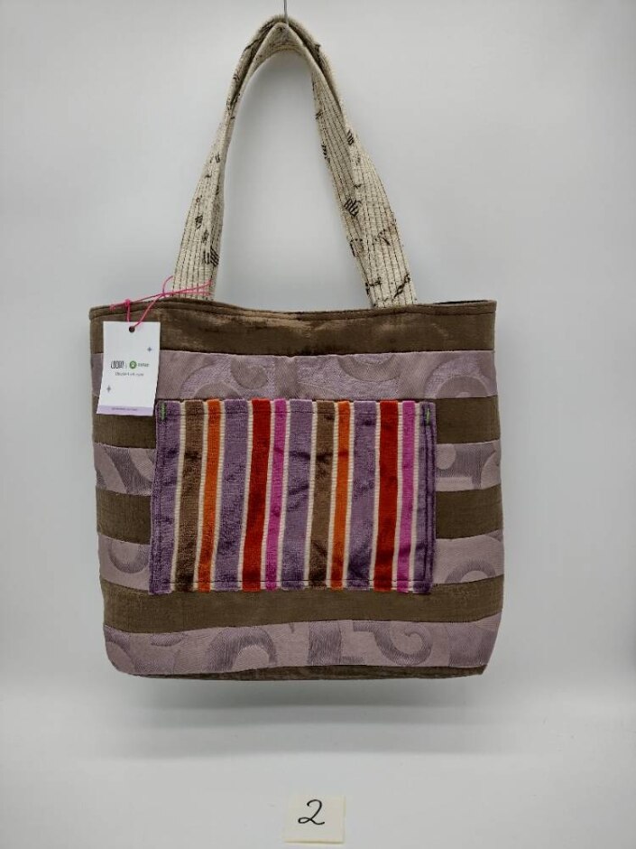 Oxfam X Loom Tote Bag Exclusive Upcycled Collection Coffee Brown-purple Velvet Stripes Pocket