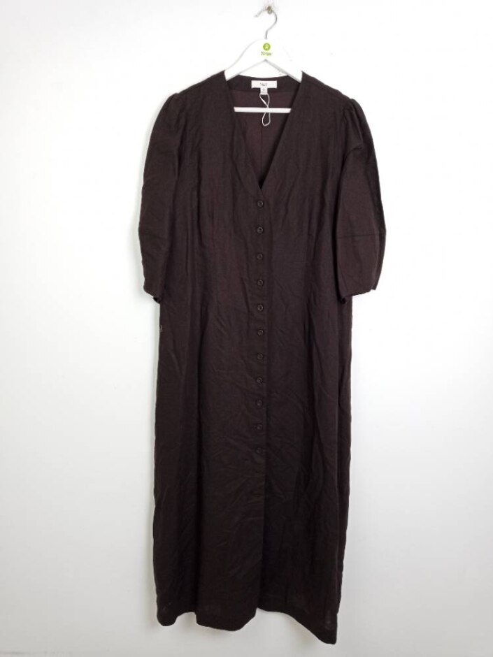 M&s Linen Rich New Women's Long Button Up Midi Dress Chocolate Brown Size: 18