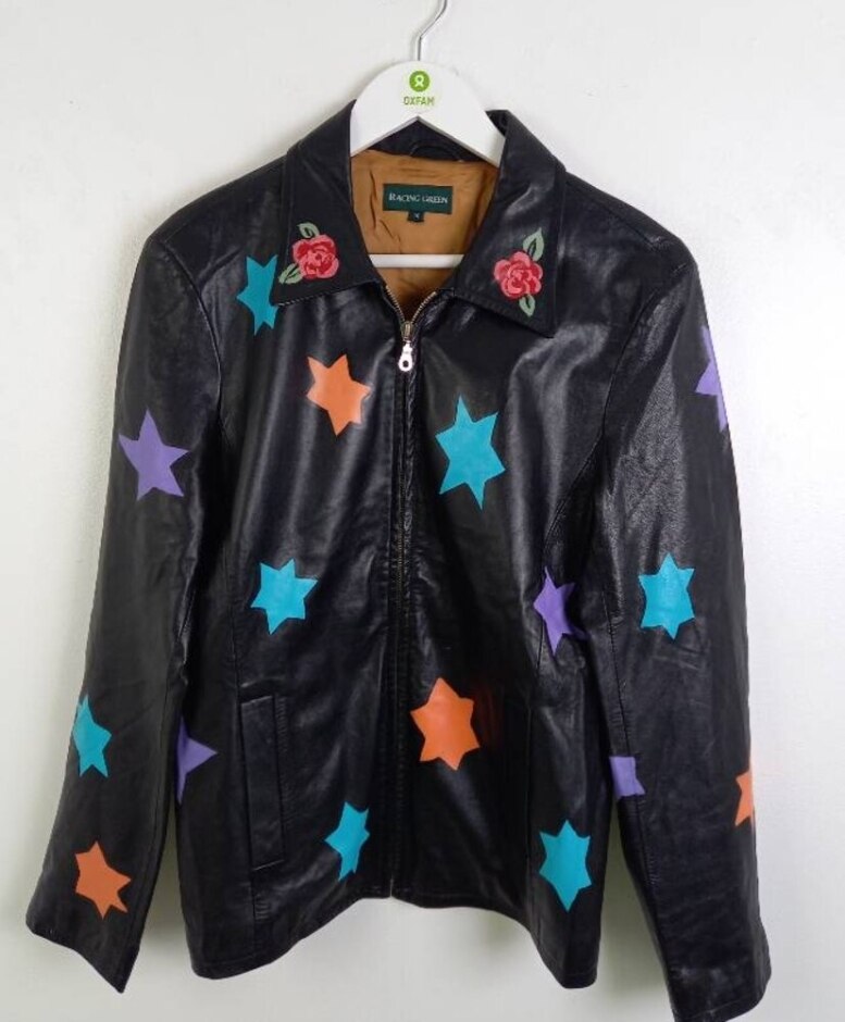 Vintage Racing Green Upcycled Hand Painted Leather Jacket Black  Size: 14