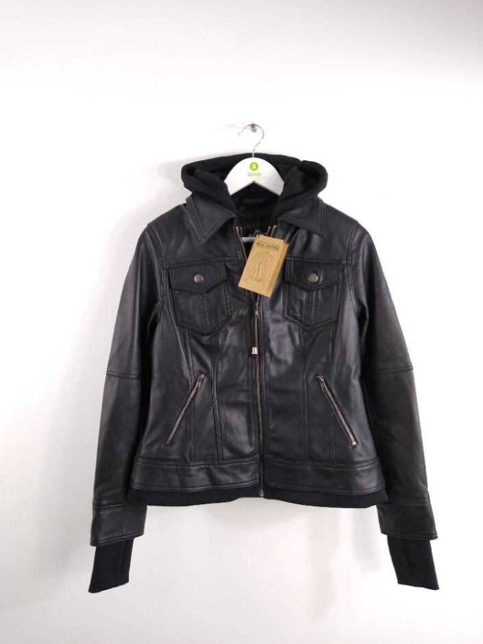 Real Leather Betty Hooded Double Jacket Black Size: M