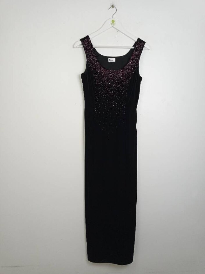 Libra Velvet  Maxi Beaded Evening Dress Black Size: 12