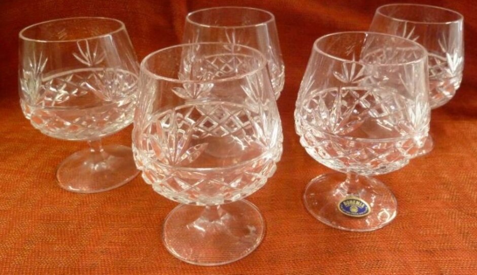 5 Bohemia Lead Crystal Brandy Glasses.