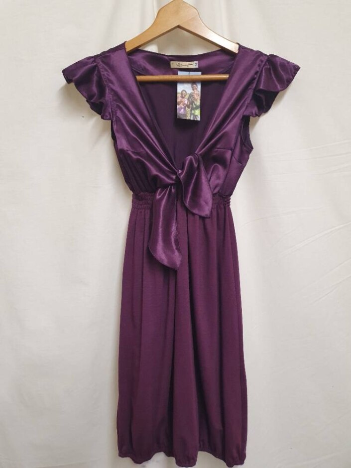 M Butterfly Satin Mix Tie Front Dress Purple Size: S