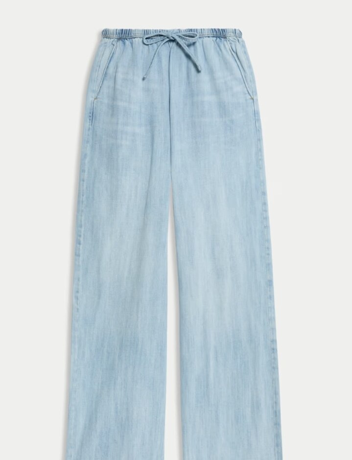 M&s Collection Denim Drawstring Wide Trousers Light Blue Size: 18
