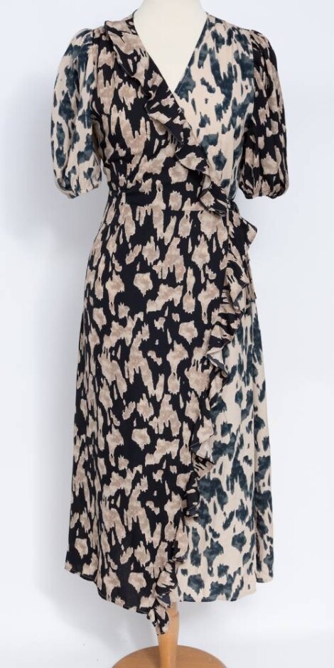 Oasis Calf Length Wraparound Dress Beige/black Etc Size: 10