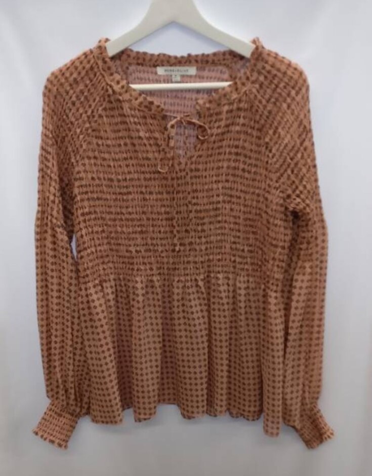 Rose + Olive Tie-neck Patterned Blouse, Peach, Size: M