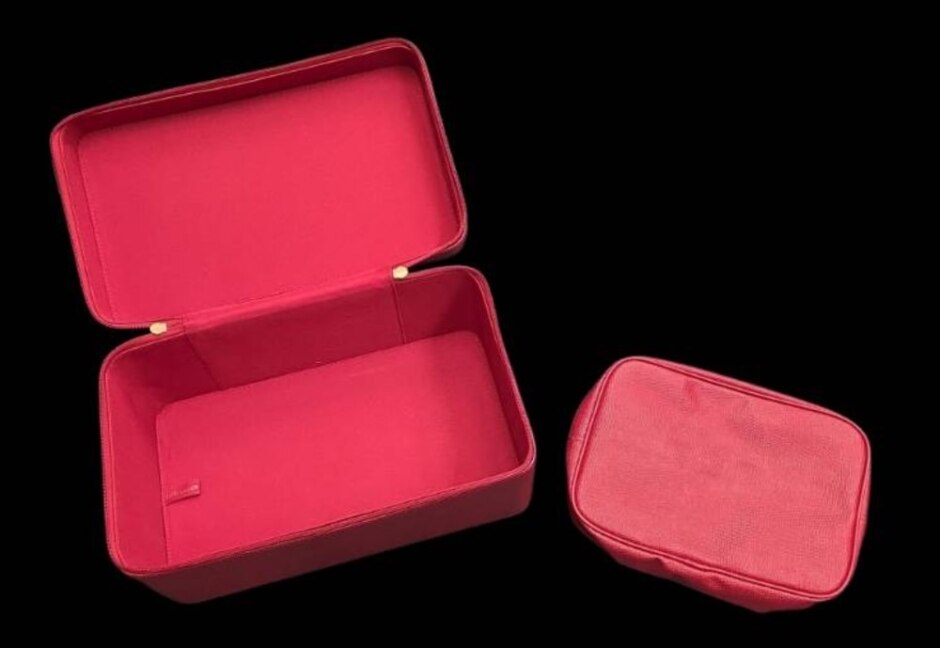 Vanity Travel Case With Make-up Toiletries Bag Set By Estee Lauder.  Red Faux Leather