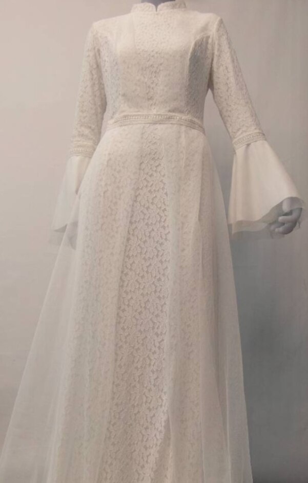 M Wedding Long Sleeve Mandarin Collar Tesettur Abiye Ekru White Dress
