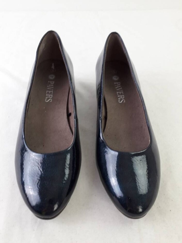 Pavers Slip On Block Heeled Court Shoes Navy Patent Size 6