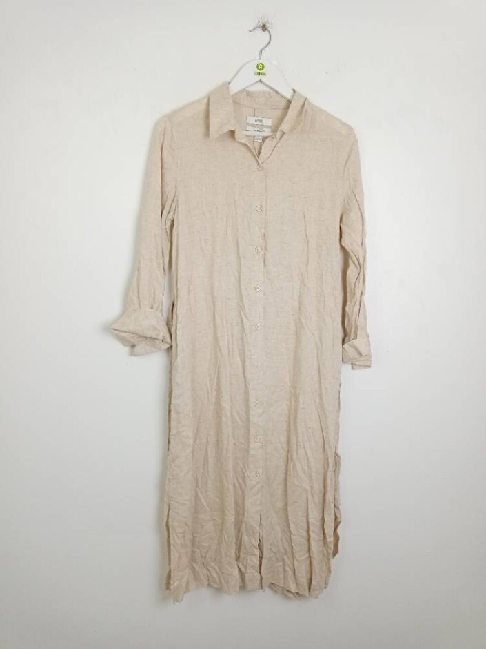 M&s Linen Long Sleeve Shirt Dress Beige Size: S
