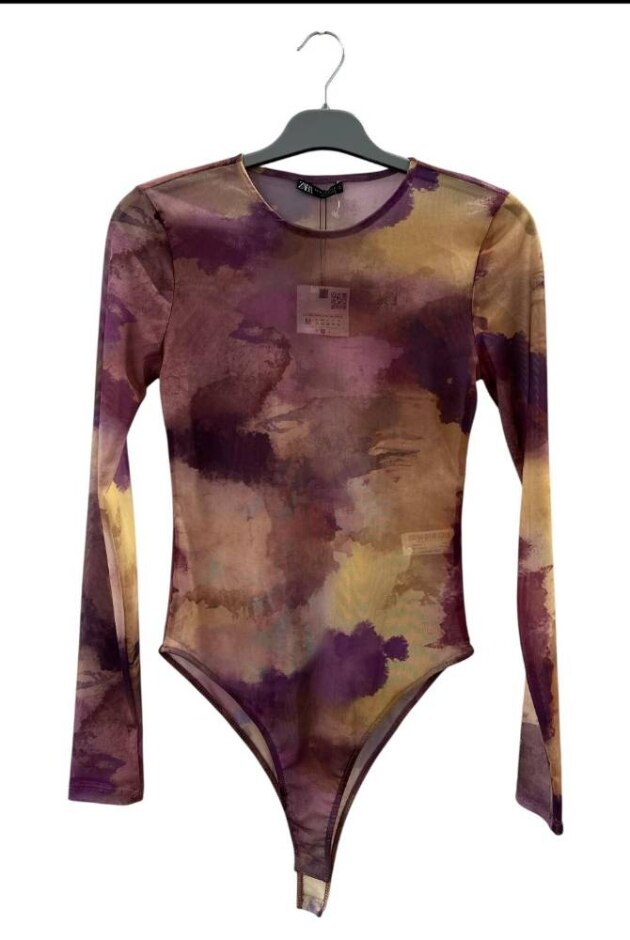 Zara Women's Bodysuit Printed Mesh Pink And Tan Size: M