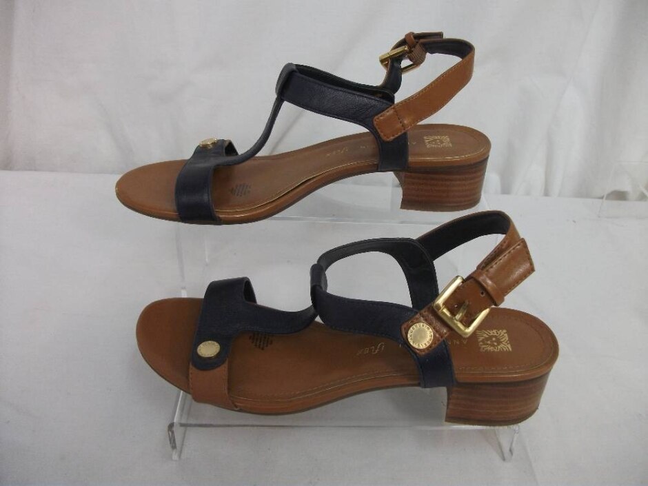 Anne Klein Leather T-bar Sandals Navy/brown Size 5
