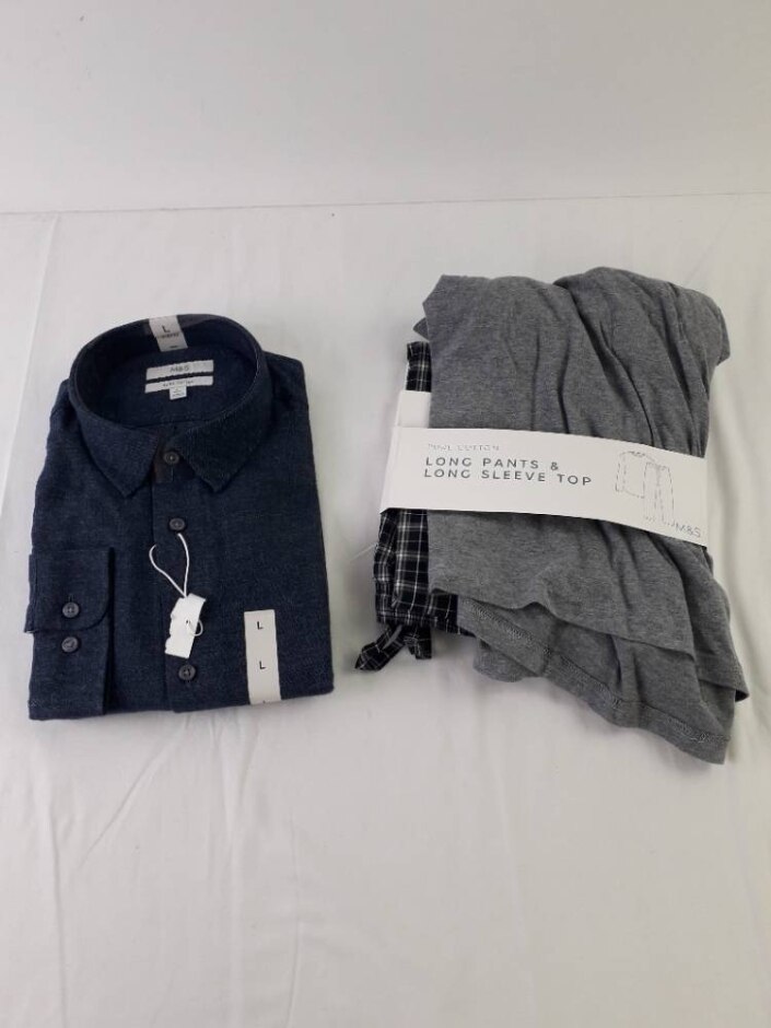 M&s Marks & Spencer 2xbundle Shirt Pyjama Set Grey Blue Size: L