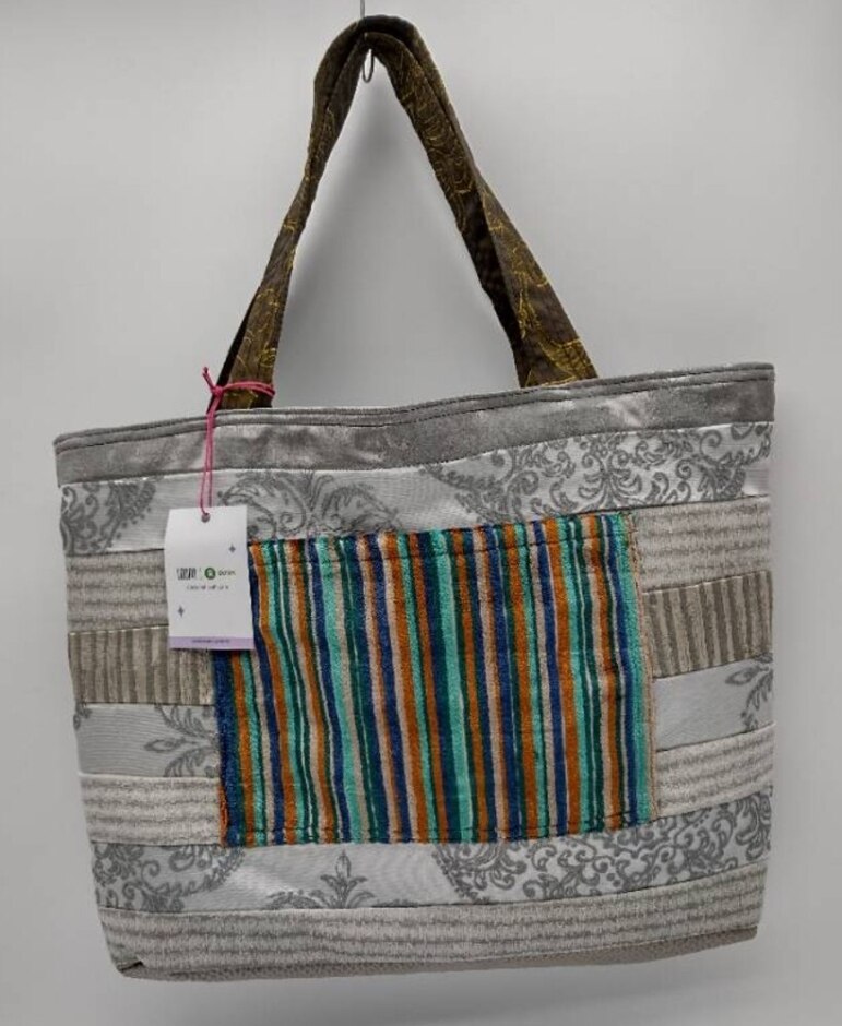 Oxfam X Loom Tote Bag Exclusive Upcycled Collection Silver - Blue Teal Stripy Velvet Floral Lining