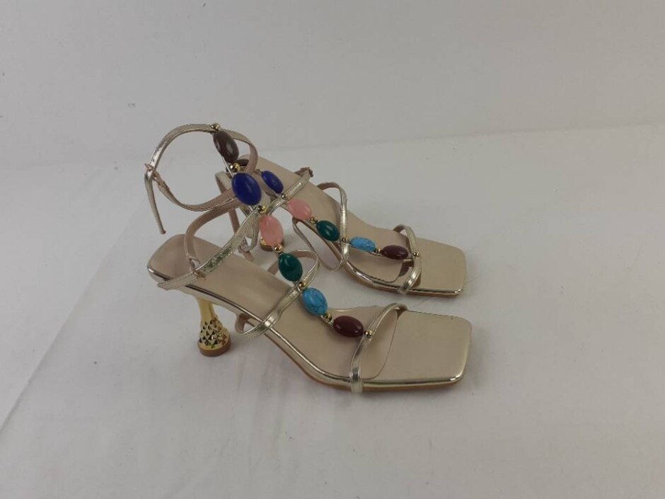 Strappy Beaded Square Toe Heels Size Uk 5 Eu 38 Metallic Gold