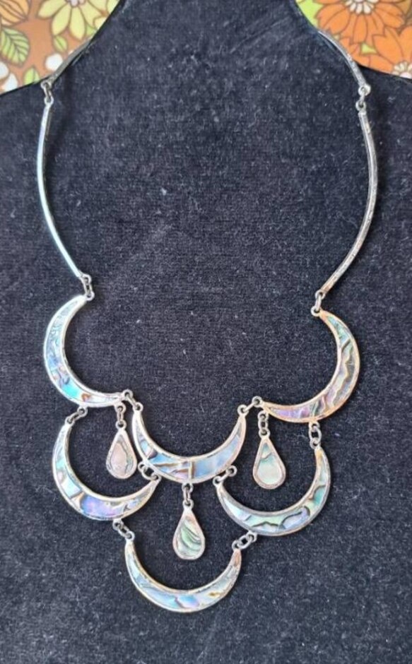 Vintage Mexico Alpaca Crescent Moon Bib Necklace