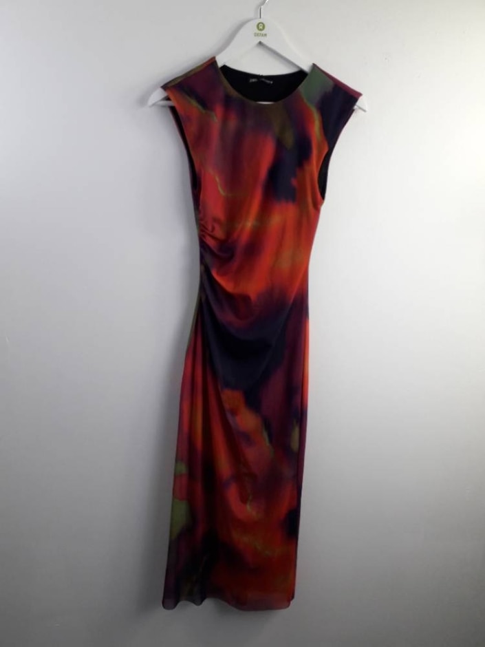 Zara Ruched Tie Die Mesh Dress Purple & Pink Size: S