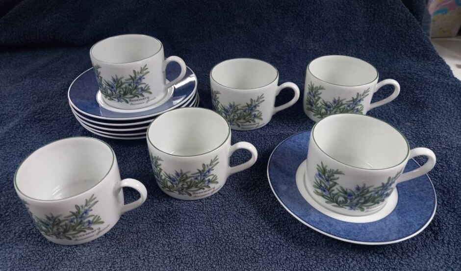 Royal Worcester : Worcester Herbs Rosemary, 6 Straight Sided Teacups & 6 Worcester Colours Saucers