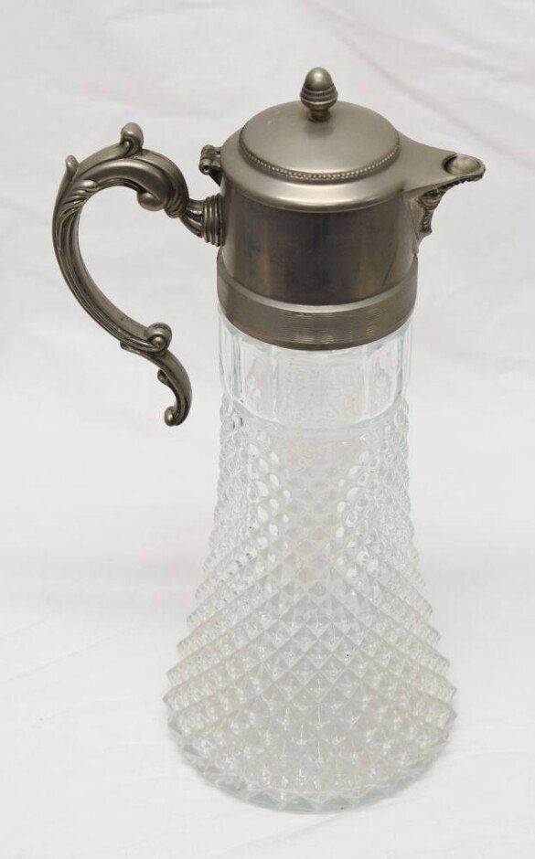 Large Pewter / Glass Claret Jug, With Hadle And Spout And Lid. 36cm Tall