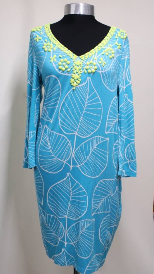 Boden Palm Print, Beaded Neckline Blue Size: 10