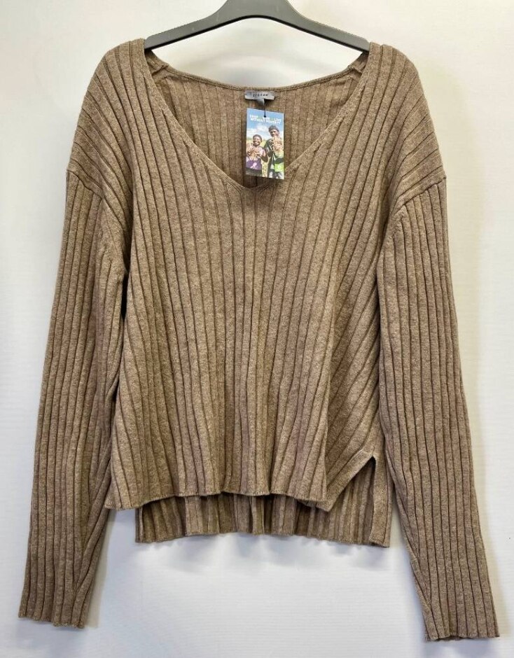 Jigsaw Ribbed, Cropped, V-neck Jumper In Tan  Size: L