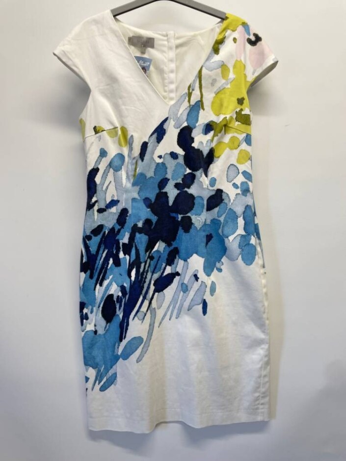 Hobbs London V Line Sheath Print Dress White And Blue Size: 12