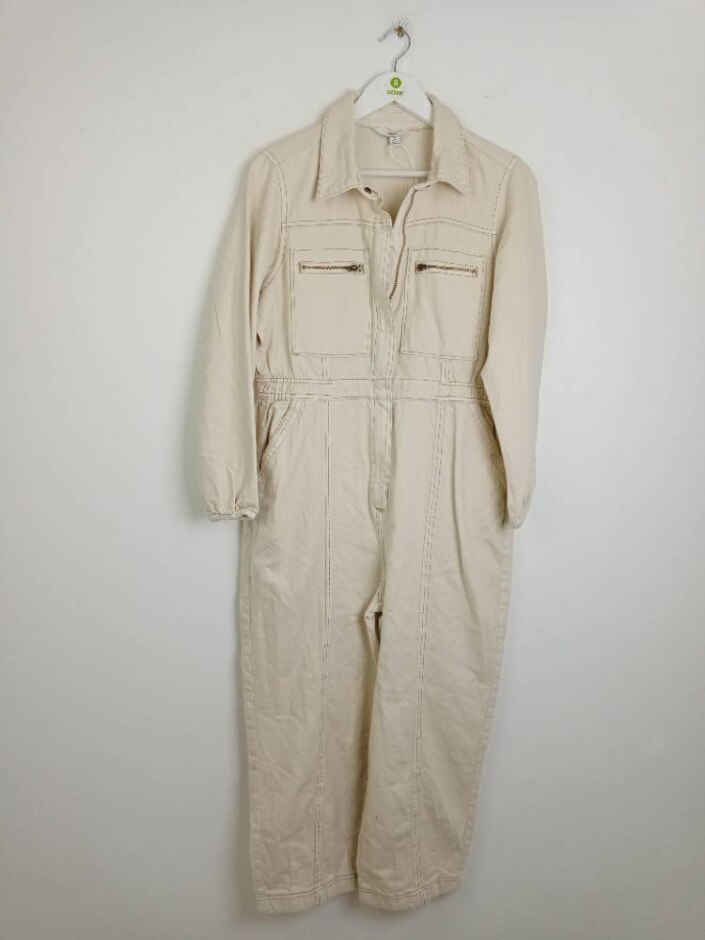 M&s Marks & Spencer Long Sleeve Denim Zip Jumpsuit Ivory Size: 16