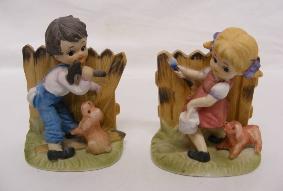 Two Vintage Bisque Figures  - Boy And Girl Repairing Fence