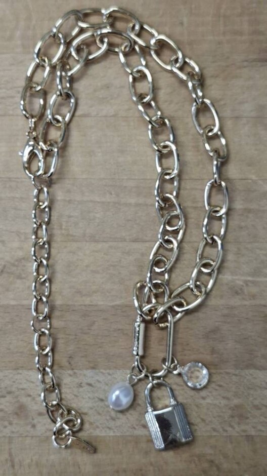 Liars & Lovers Gold Colour Padlock/gem/faux Pearl Pendant Large Link Choker Necklace New No Tags