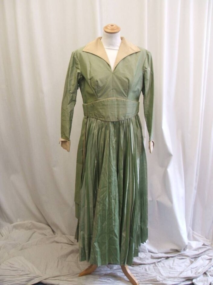 Reclaimed Vintage Hand Made Period Pleated Dress Green & Beige Size: S