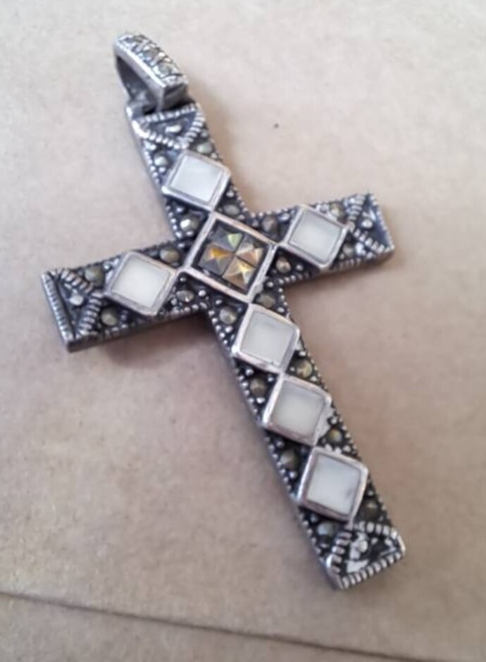 Vintage Silver 925 Marcasite & Mother Of Pearl Cross Pendant 4.4cm - 5g