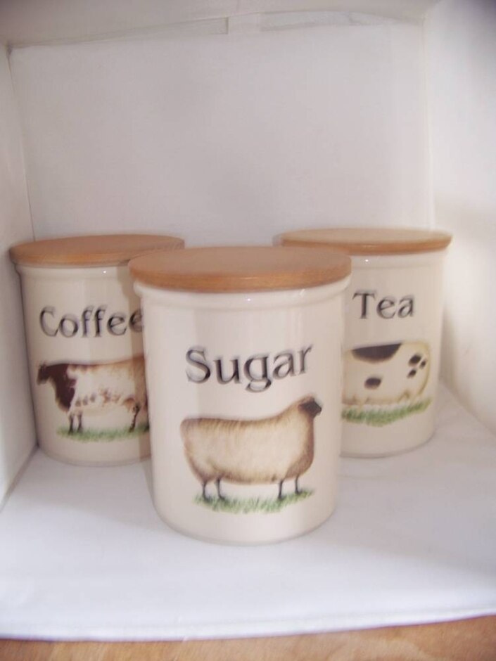 T G Green Cornish Ware Cloverleaf Tea Coffee & Sugar Jars. Height 15 Cms