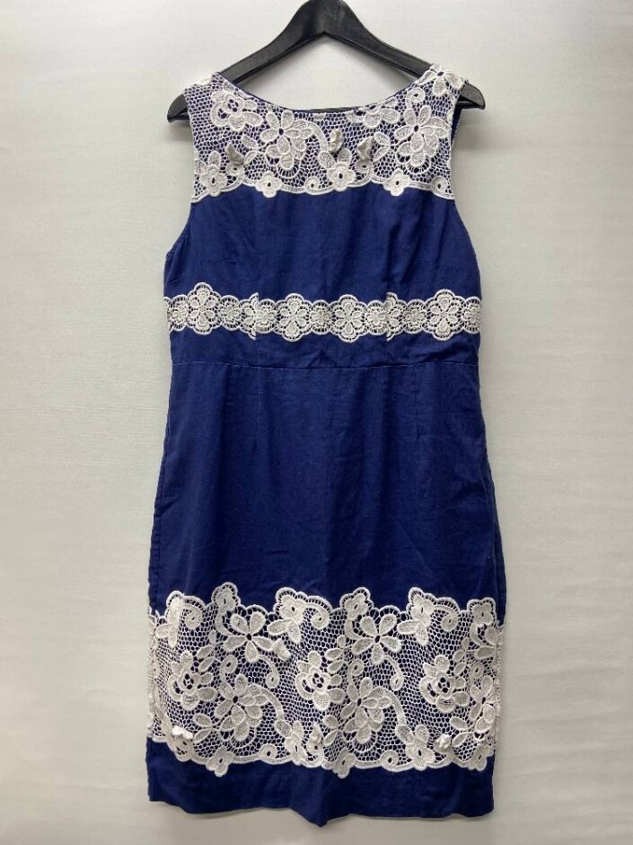 Coast 100% Linen Embroidered Dress Navy Size: 16