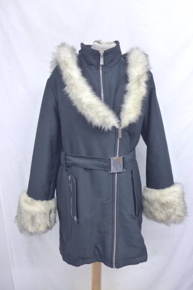 Karen Millen Faux Fur Trim Parka Coat Midnight Black Size: 12
