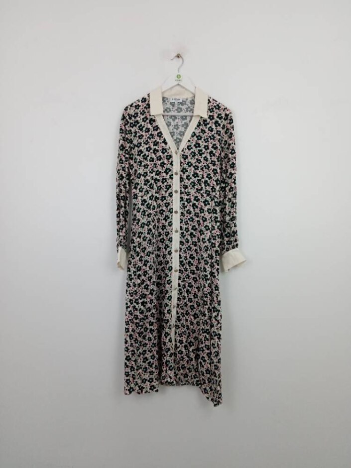 Fresha New Women's Floral Midi Shirt Dress Ivory/black Size: S