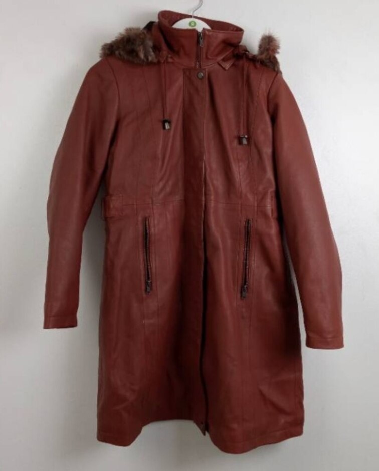 Real Leather Faux Fur Removable Hood Coat B Brown New Size: M