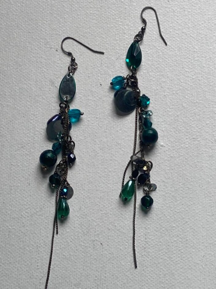Lovely Silver Tone And Greeny Blue Beaded Earrings
