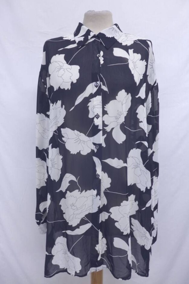 Next Floral Semi Sheer Blouse Black & White Size: Xl