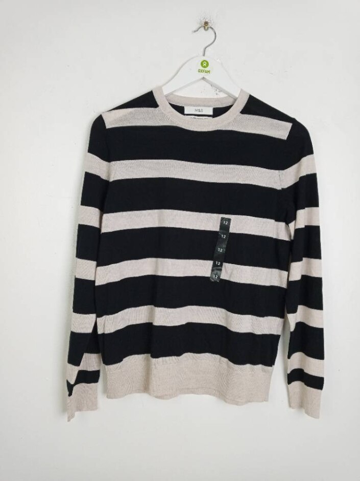M&s Marks & Spencer Merino Wool Stripe Jumper Black Mix Size: 12