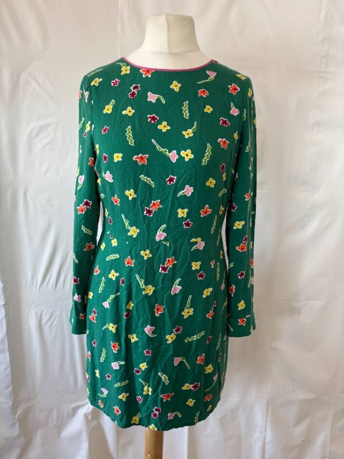 Oliver Bonas Long Sleeve Mini Shift Dress Green Floral Size: 12